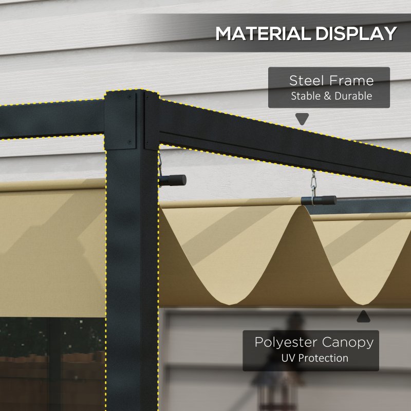 Outsunny 4 x 3(m) Metal Outdoor Pergola with Retractable Roof, Outdoor Gazebo Canopy Shelter with Drainage Holes for Garden, Patio, Lawn, Khaki