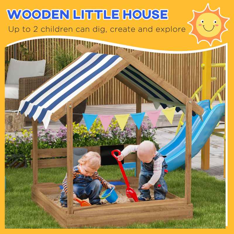 Outsunny Sand Pit Wooden Sandpit Kids Sandbox House for Outdoors, Gardens with Canopy, Liner, Blackboard, Sink, Seats, Flags, for Ages 3-7 Years - Brown