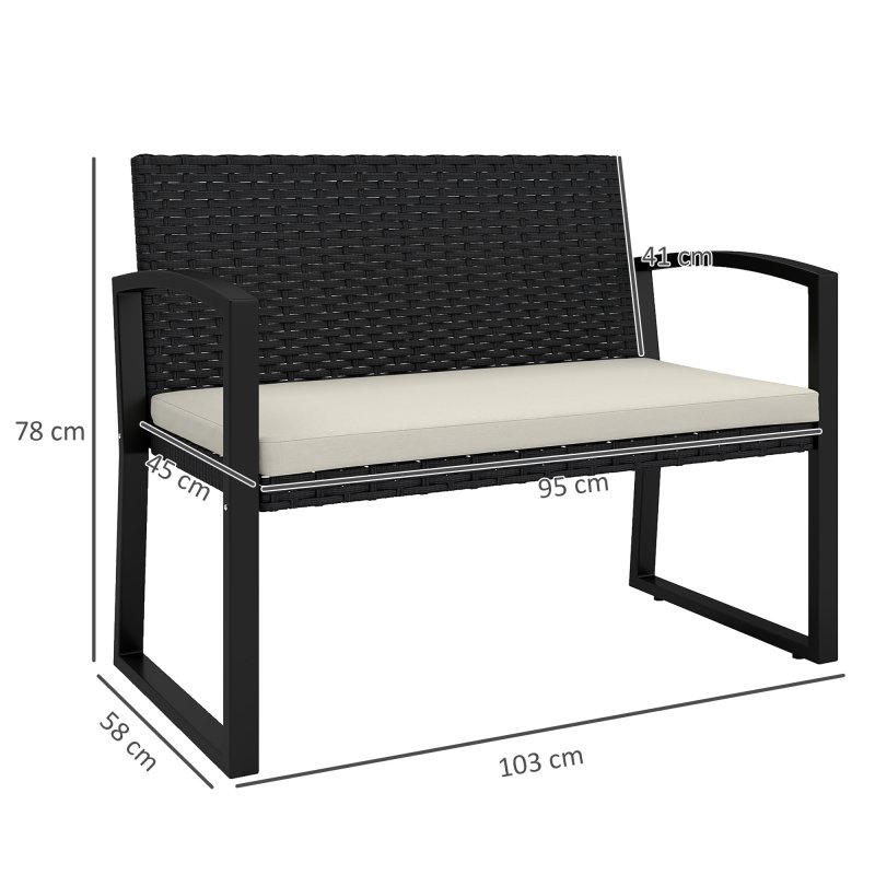 Outsunny 2 Seater Rattan Garden Bench, Outdoor Bench with Cushion, PE Wicker Garden Loveseat with Armrests, Galvanised Steel Frame for Patio, Park, Black
