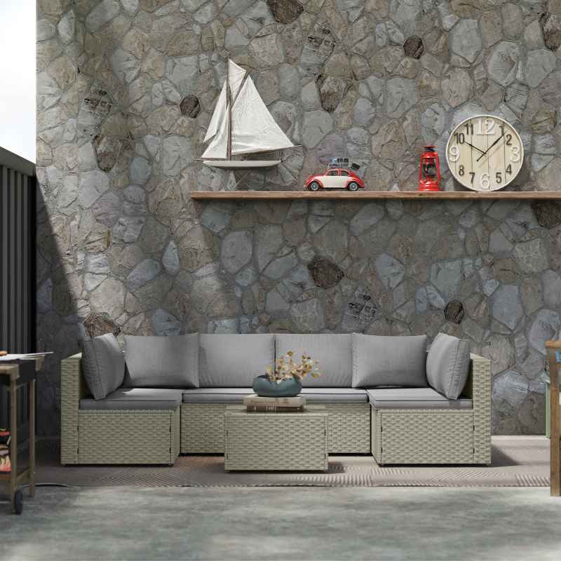 Outsunny 7 Pieces Rattan Garden Furniture Set, 6 Seater Garden Corner Sofa with Wide Seat, Cushions and Glass Top Table, Sectional Outdoor Furniture Conservatory Set for Patio, Light Brown