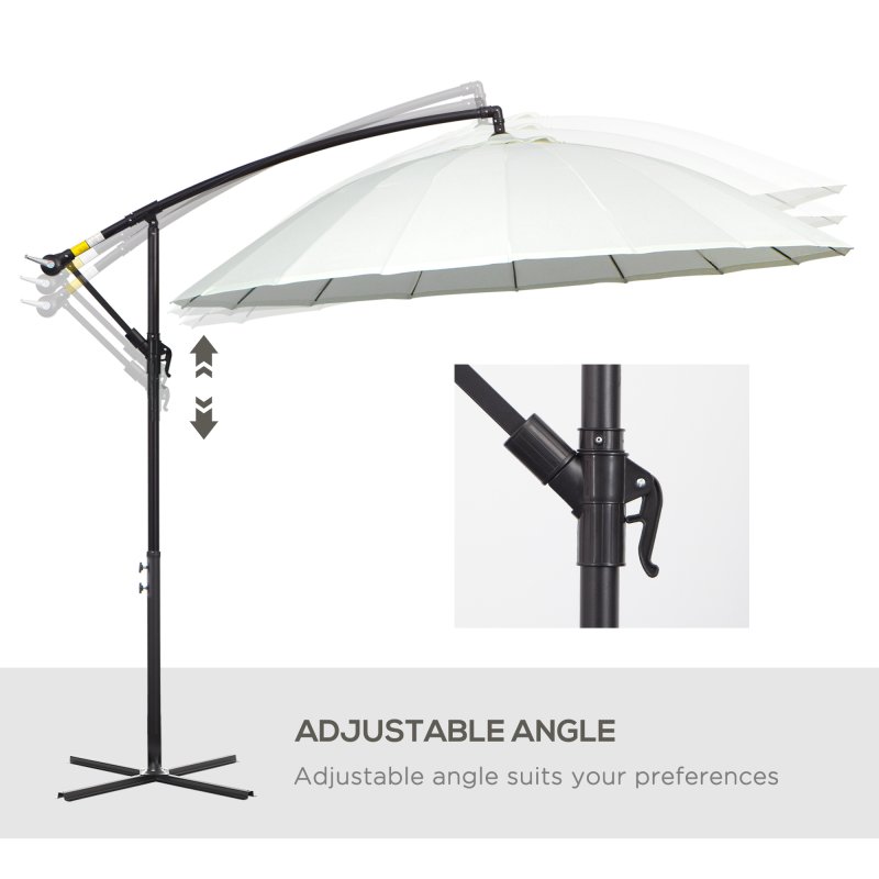Outsunny 3(m) Cantilever Shanghai Parasol Garden Hanging Banana Sun Umbrella with Crank Handle, 18 Sturdy Ribs and Cross Base, White