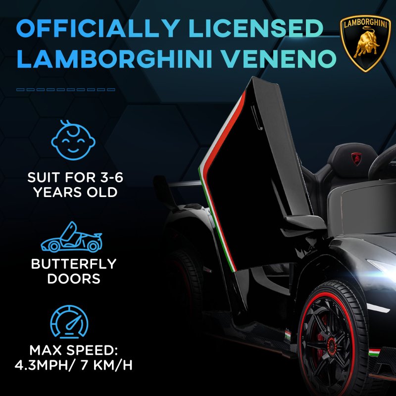 HOMCOM Lamborghini Veneno Licensed 12V Ride on Car, Electric Car for Kids with Butterfly Doors, 7km/h Kids' Electric Ride on with Remote, Music, Horn, Suspension for Ages 3-6 Years, Black