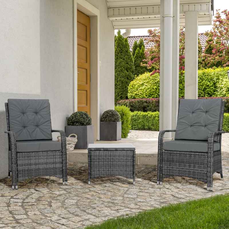 Outsunny 3 Pieces Rattan Bistro Set with Furniture Cover, Wicker Garden Furniture Set, Glass Top Coffee Table and Chairs with Cushions for Outdoor, Patio, Balcony, Grey
