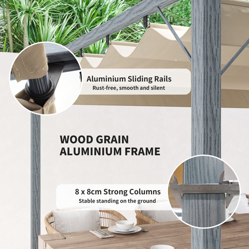 Outsunny 3 x 3(m) Garden Pergola with Retractable Roof Canopy and Wood Grain Aluminium Frame, Outdoor Gazebo Pergola Kit, UPF30+ Sun Shade Shelter for Deck, Porch, Grey