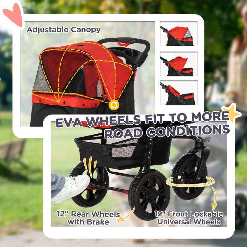 PawHut Dog Stroller Pet Pram, 3 Wheels Dog Pushchair with Brake, for Small Miniature Breeds, Cats, Red