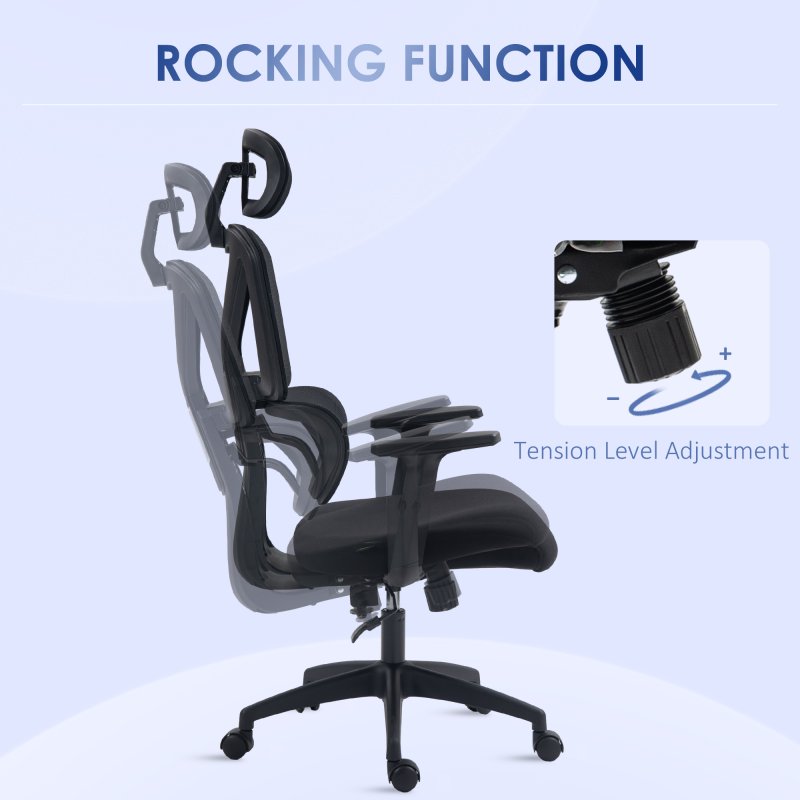 Vinsetto Ergonomic Office Chair, Mesh Swivel Desk Chair with Lumbar Support, Padded Seat, Adjustable Height and Headrest for Home Office, Black