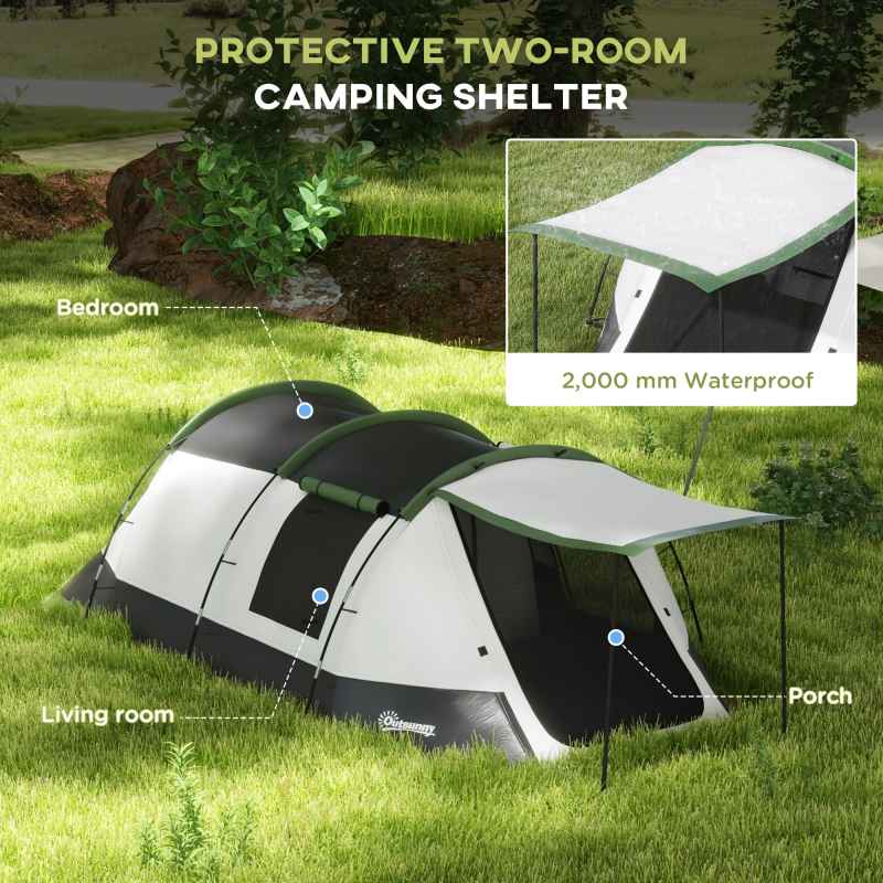 Outsunny 3-4 Man Camping Tent, Tunnel Tent with Bedroom, Living Room and Porch, 2000mm Waterproof, Portable with Bag, for Fishing Hiking Festival, Green
