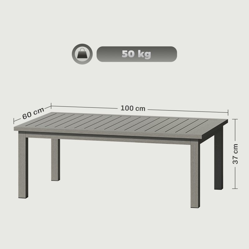 Outsunny Aluminium Outdoor Coffee Table, Rectangular Patio Side Table with Slat Tabletop for Indoor, Garden, Balcony, 100cm x 60 cm, Grey