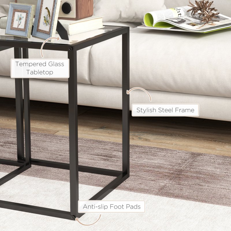 HOMCOM Nesting Tables Set of 2, Side End Table with Tempered Glass Top and Steel Frame for Living Room, Bedroom, Black