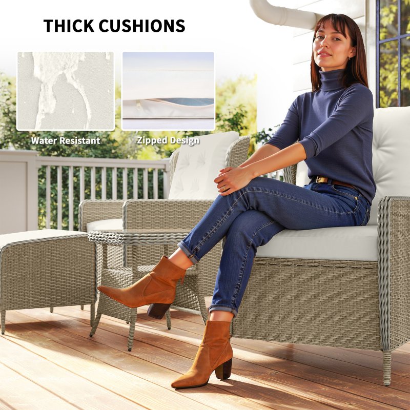 Outsunny 5 Piece Rattan Garden Furniture Set with Recliner Chairs, Wicker Patio Conversation Set with Footstools, 2-Tier Glass Top Coffee Table, Cushions for Outdoor, Balcony, Porch, Light Grey