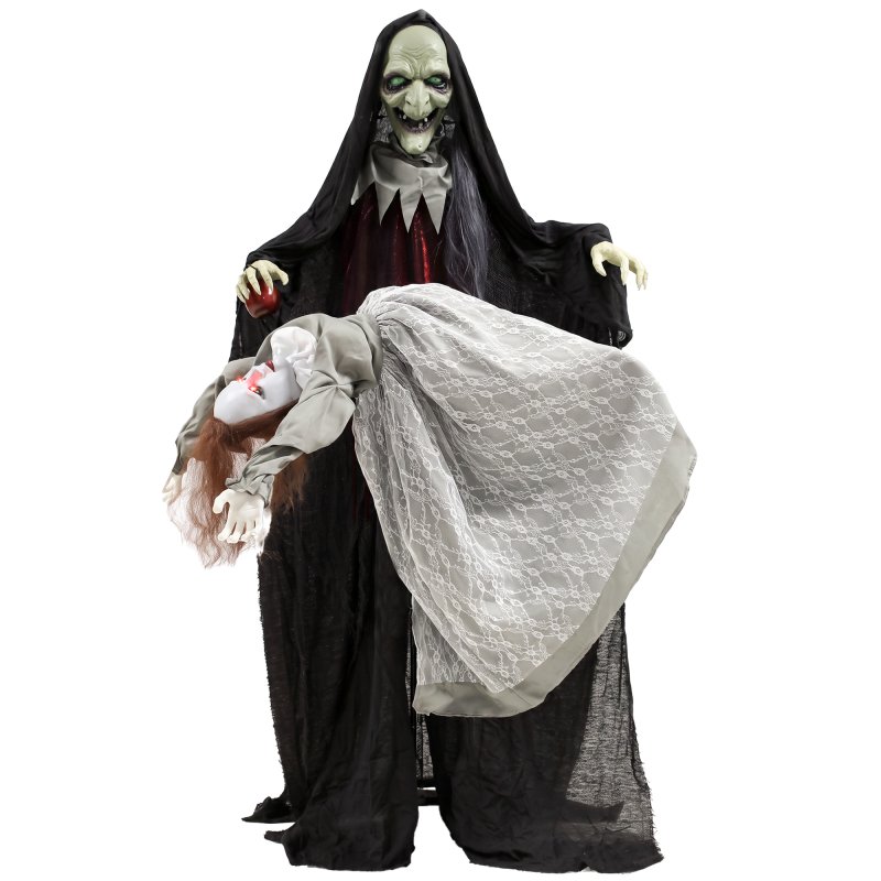 HOMCOM 71" Halloween Animated Standing Witch with Floating Ghost Decoration, Halloween Animated Prop with Light-Up Eyes, Sound and Touch Activated, Rising and Falling Motion for Haunted House Party