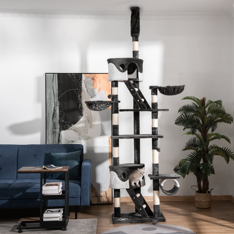PawHut Floor to Ceiling Cat Tree, 240-260cm Adjustable Height Kitten Tower with Scratching Posts, Cat Houses, Ramps, Hammocks, Toy Balls, Tunnel for Indoor Use - White