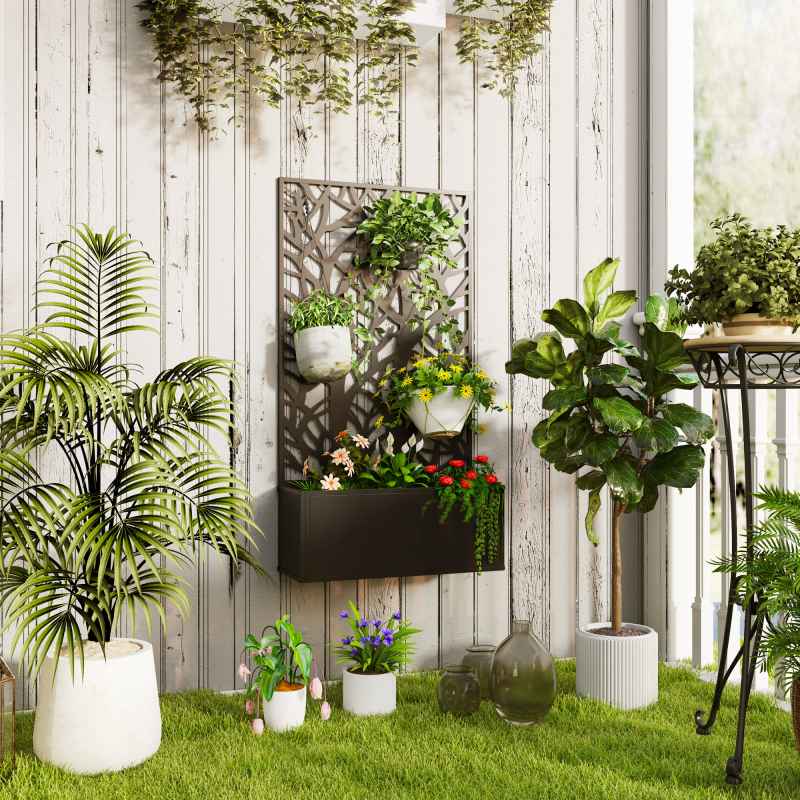 Outsunny Metal Garden Bed with Trellis, Wall Mounted or Freestanding Raised Planter with Privacy Panel, Two Big Trees Cut-out Privacy Screen with Planter Box for Climbing Plants, Flowers, Vegetables