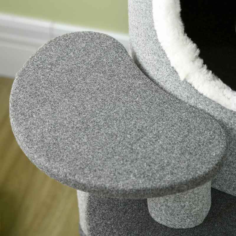 PawHut Cat Tree for Indoor Cats, 3 Tier Cat Tower Barrel Shaped with Sisal Scratching Posts, Cat Bed, Platforms, Hanging Ball, Grey