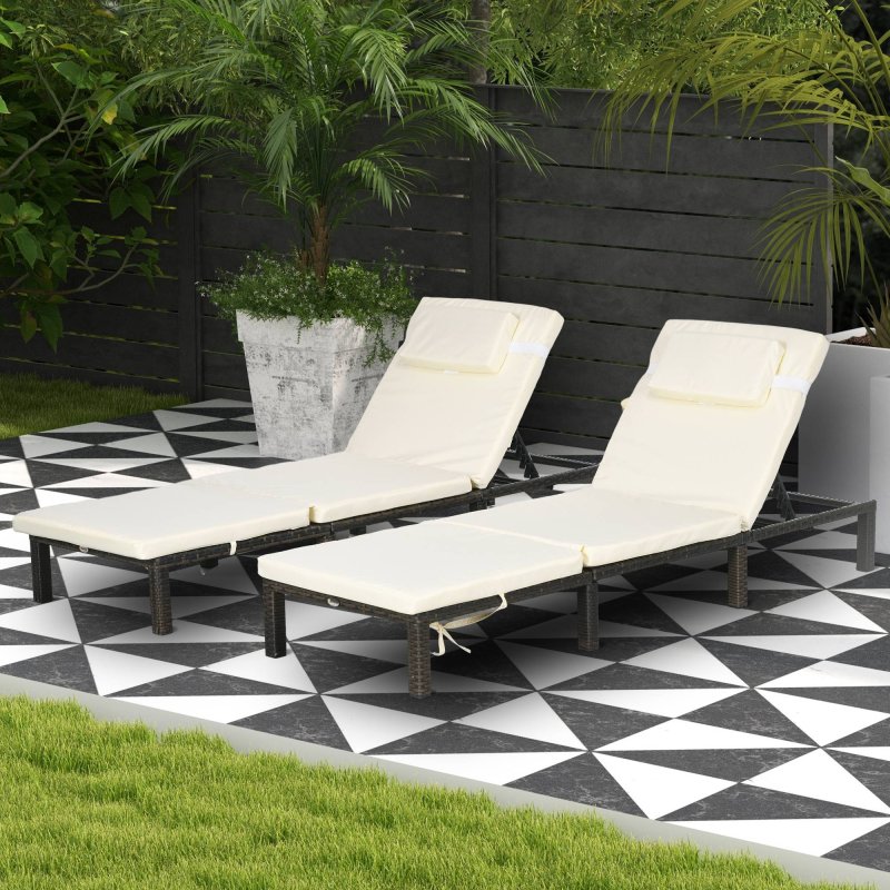 Outsunny Rattan Sun Lounger Set of 2, 5-Level Adjustable Garden Lounger Recliner with Cushion and Headrest, Outdoor Reclining Sunbed, Steel Frame Garden Chair for Patio, Beach, Terrace, Cream White