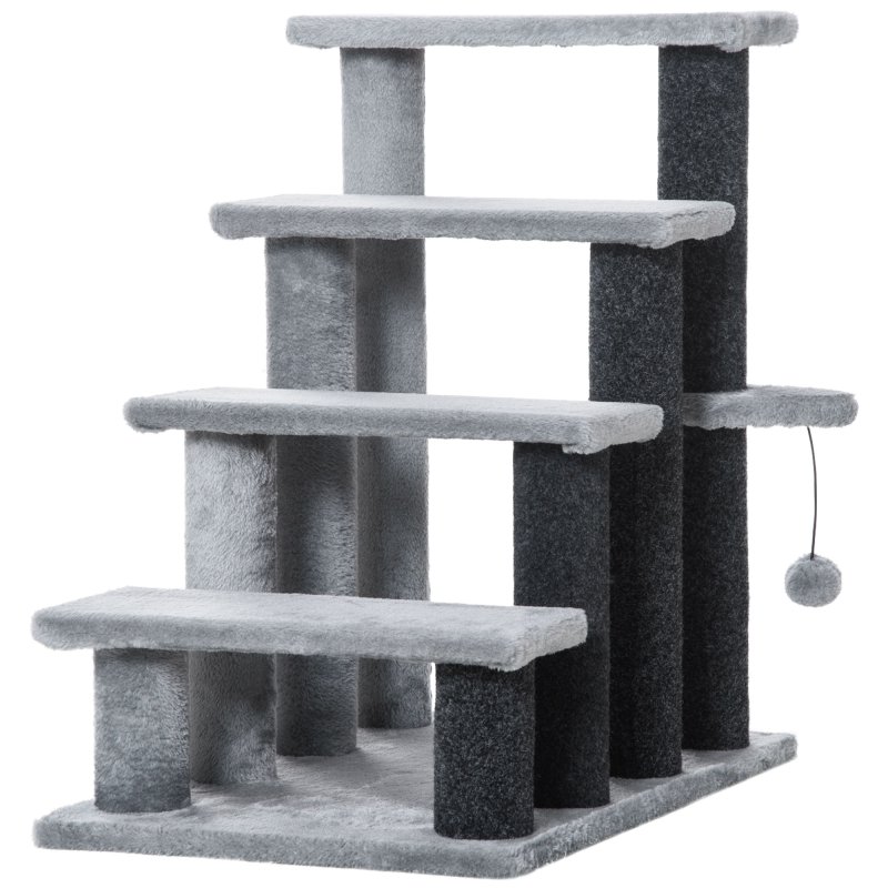 PawHut Pet Stairs, Cat Tree Climb Ladder with 4-step Stair, Scratching Posts, Platforms, Toy Ball, for Indoor Cats, Grey