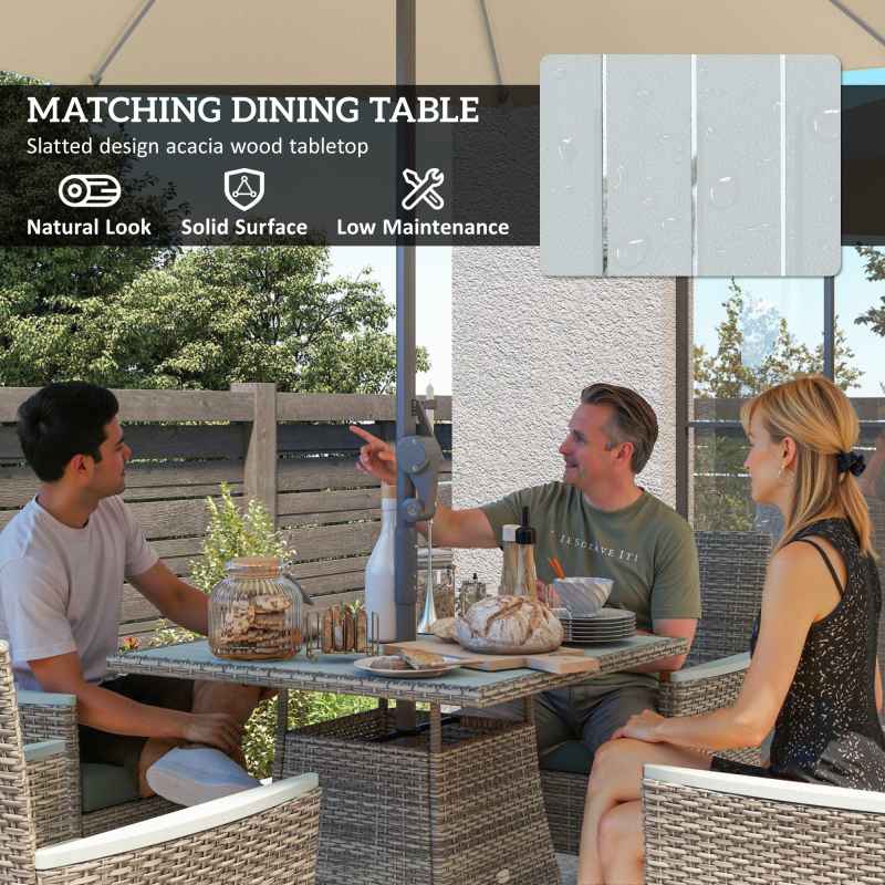 Outsunny Rattan Dining Set, 4 Seater Rattan Garden Furniture Set with 50mm Parasol Hole, Outdoor Garden Table and Chairs with Cushions, Slatted Wood Tabletop for Patio, Conservatory, Grey