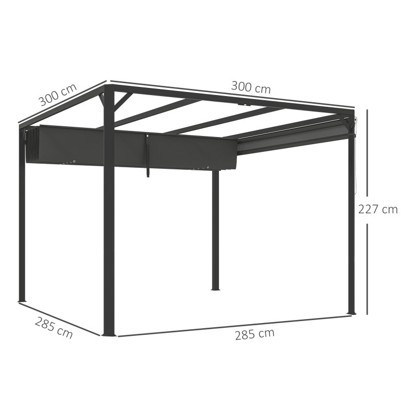 Outsunny 3 x 3(m) Garden Pergola with Retractable Roof Canopy, Aluminium Pergola Kit Gazebo with Roller Shade, UPF30+ Sun Shade Shelter for Porch, Dark Grey