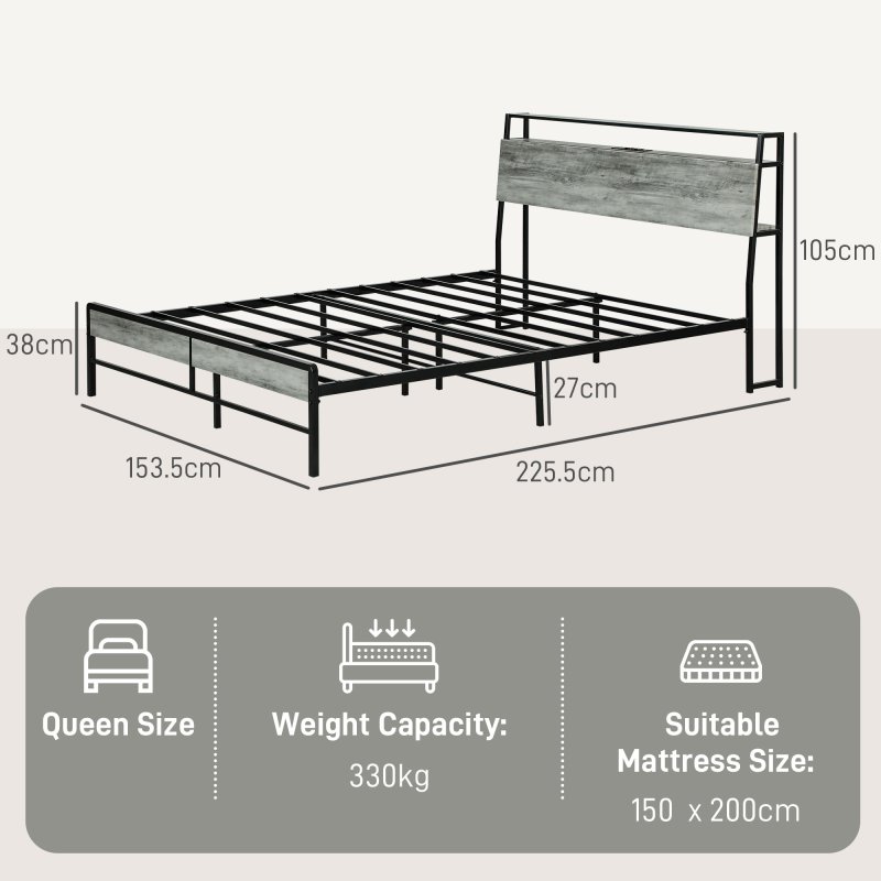HOMCOM 5ft King Size Bed Frame with LED Lights and Charging Station, Platform Bed Frame with Storage Headboard, Steel Slat Support, No Box Spring Needed, Easy Assembly, Cement Grey