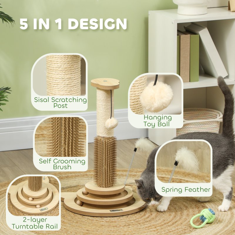 PawHut Cat Scratching Post, 49cm Cat Scratcher with Sisal Post, Interactive Track Ball Toy, Self Grooming Brush, Hanging Toy Ball, Feather, 5 in 1 Small Kitten Cat Scratch post, Oak Tone