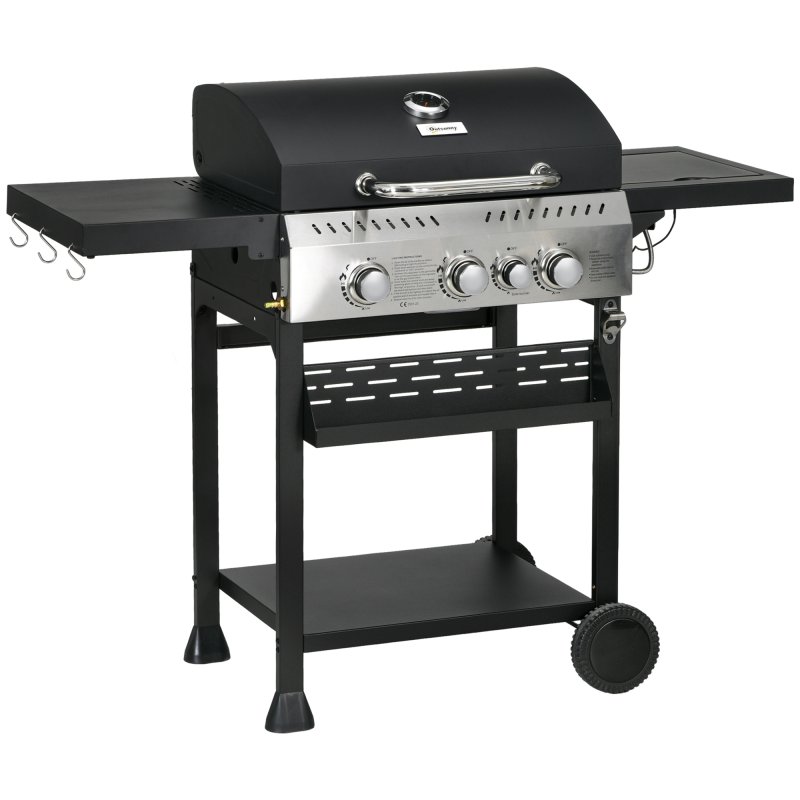 Outsunny 3+1 Gas Burner Grill, 11.5 kW Propane Gas Barbecue BBQ Grill with Wheels, Warming Rack, Shelves, Thermometer, Bottle Opener, Black