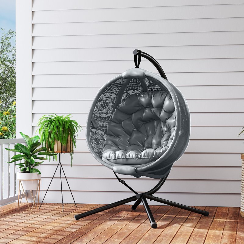 Outsunny Outdoor Hanging Chair, Swing Chair with Metal Stand, Thick Padded Cushion, Foldable Basket and Side Pocket, for Indoor and Outdoor, Charcoal Grey