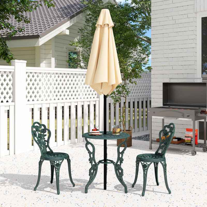 Outsunny Garden Bistro Set with Umbrella Hole, 3 Piece Cast Aluminium Garden Furniture Set, Antique Floral Round Coffee Table and Chairs, Small Balcony Furniture for Outdoor, Patio, Green