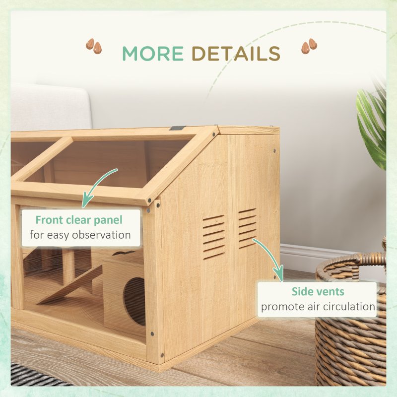 PawHut Wooden Hamster Cage, Gerbil Cage for Syrian Hamster with Exercise Play House, Openable Top 85 x 45 x 44cm - Nature