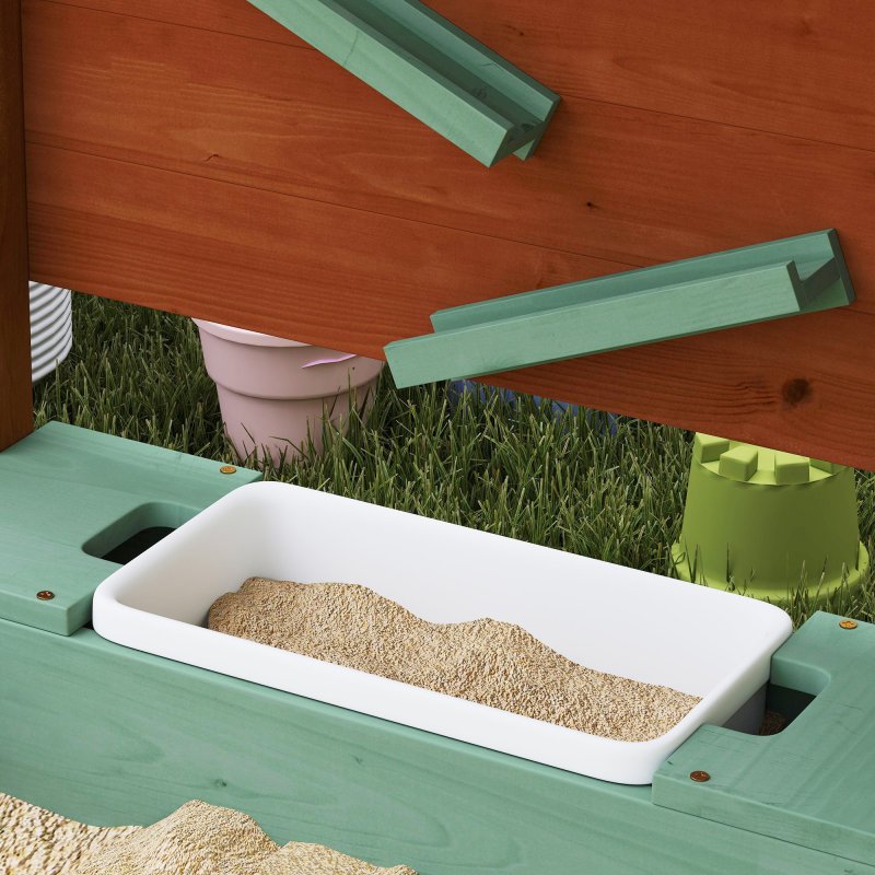 AIYAPLAY Wooden Kids Sandpit Outdoor Sandbox with Canopy with 2 Storage Bins, Funnel, Liner, Chutes, Bucket with Tap for 3-6 Years, 116 x 112.5 x 128 cm, Green