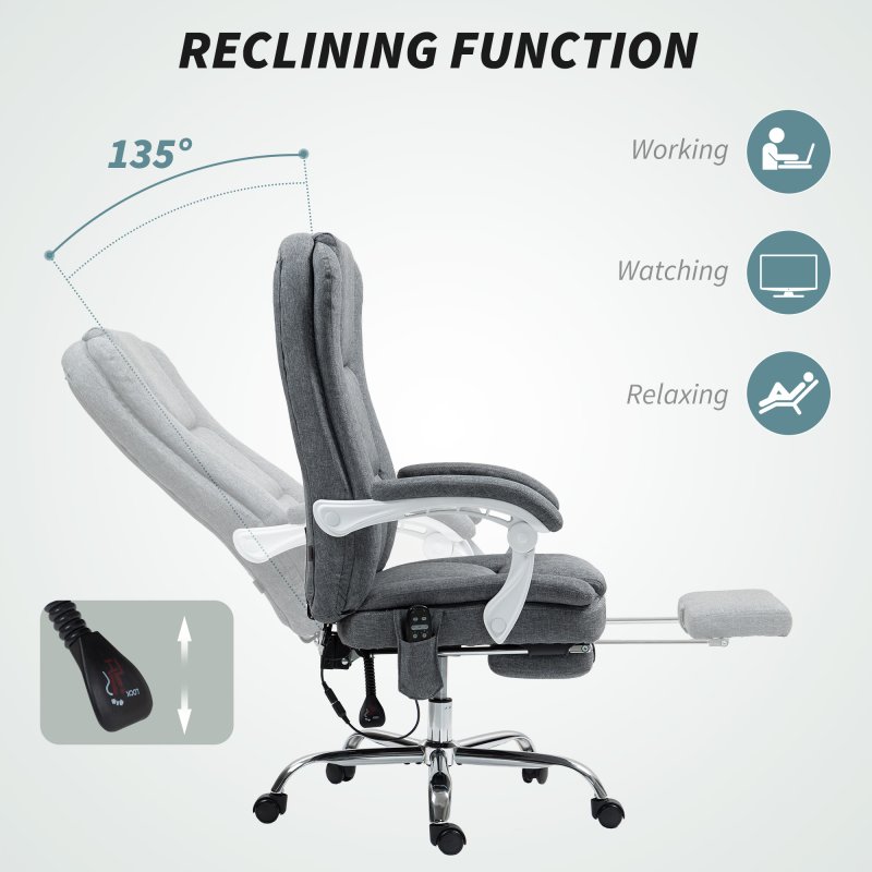 HOMCOM Office Chair with 6-point Massage and Heat, Fabric Computer Desk Chair with Reclining Backrest, High Back, Height Adjustable, Swivel Wheels, Footrest, Remote, for Home, Grey