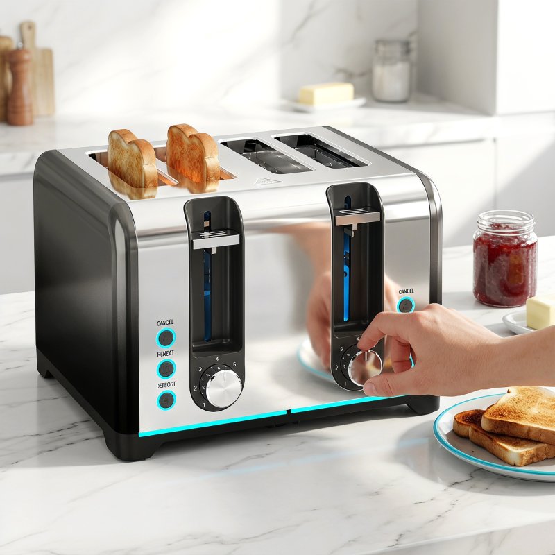 HOMCOM 4 Slice Toaster with 7 Browning Levels, Reheat, Defrost and Cancel Functions, Self-Centring Slots, Auto Shut-Off, Removable Crumb Tray, 1860W, Black