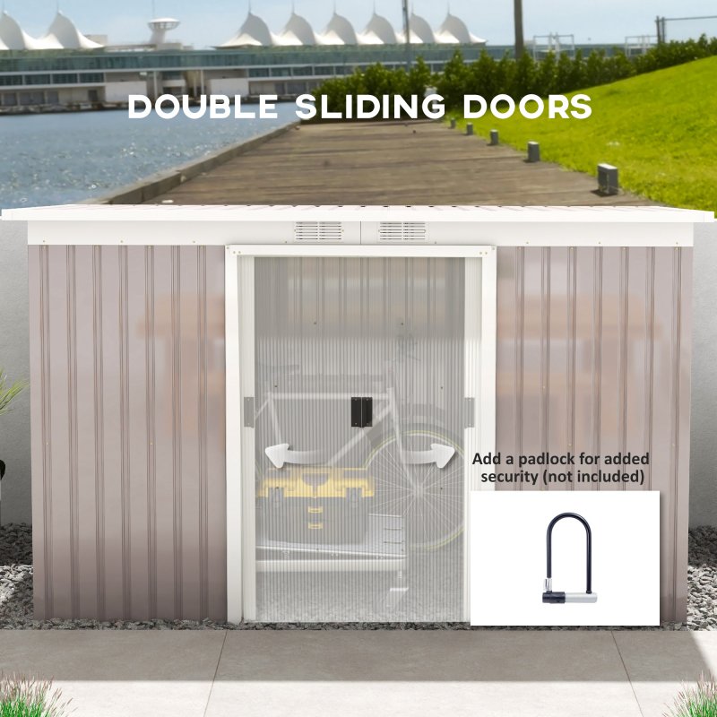 Outsunny 9ft x 4ft Metal Garden Shed, Outdoor Tool House with Foundation Kit, Ventilations and Double Doors, Light Grey