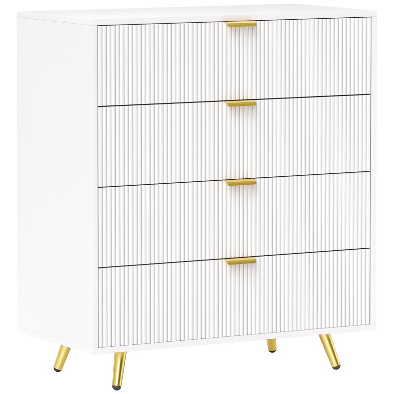 HOMCOM Bedroom Chest of Drawers with 4 Drawers, Fluted Dresser with Gold Tone Handles, Storage Cabinet for Bedroom, Living Room, Hallway, Entryway, White