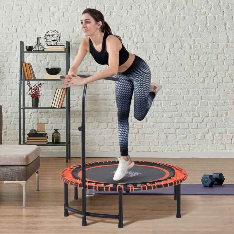 HOMCOM 45" Round Mini Fitness Trampoline Rebounder Indoor Outdoor Mini Jumper with Adjustable Handle Orange