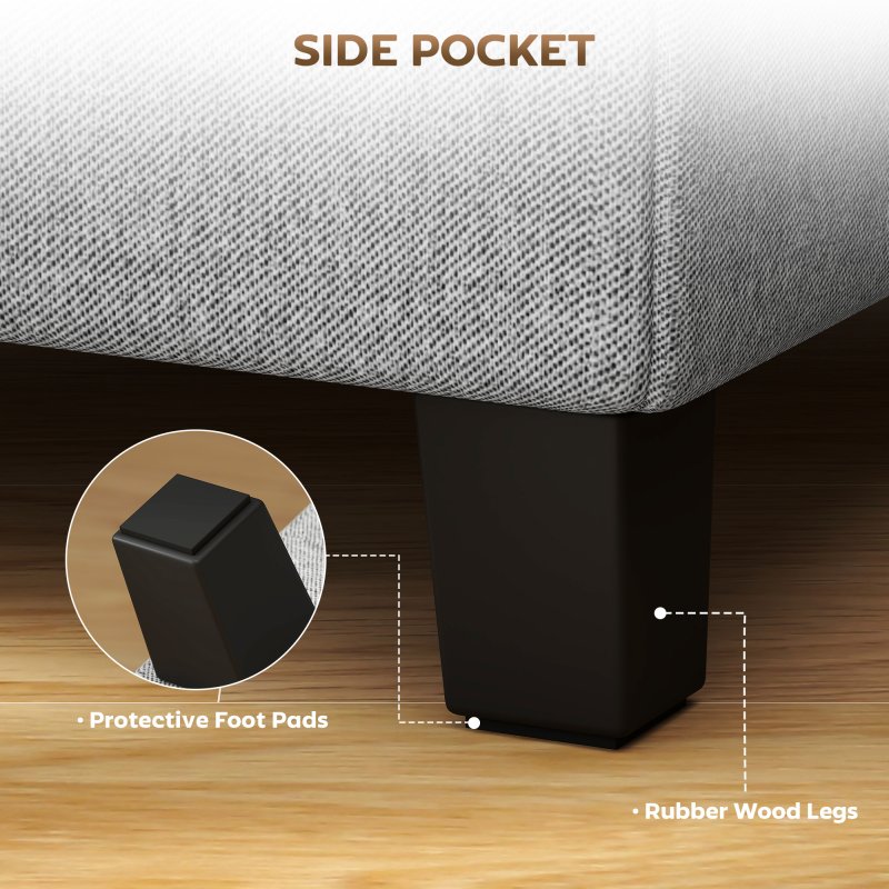 HOMCOM Square Footstool, Small Ottoman with Side Pocket, Linen Fabric Footrest Foot Stool with Rubber Wood Legs and Padded Seat for Living Room, Bedroom, Entryway, 35 x 35 x 35cm, Light Grey