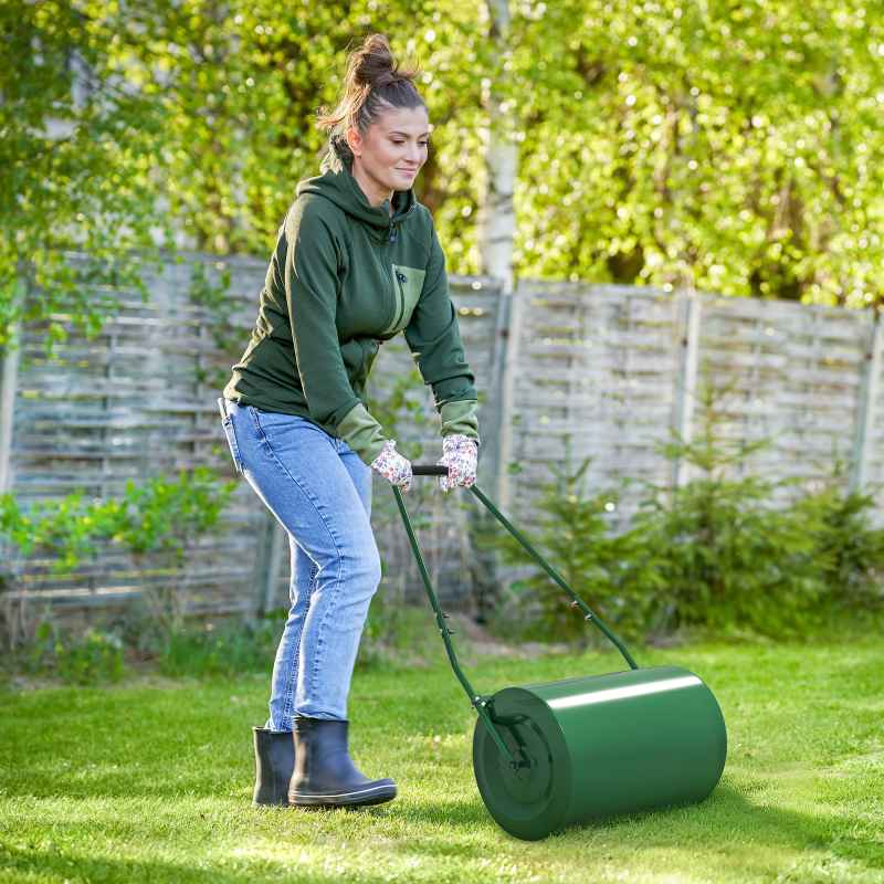Outsunny 63 L Heavy Duty Water Or Sand Filled 30cm Garden Steel Lawn Roller Drum - Dark Green