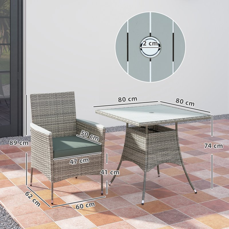 Outsunny Rattan Dining Set, 4 Seater Rattan Garden Furniture Set with 50mm Parasol Hole, Outdoor Garden Table and Chairs with Cushions, Slatted Wood Tabletop for Patio, Conservatory, Grey