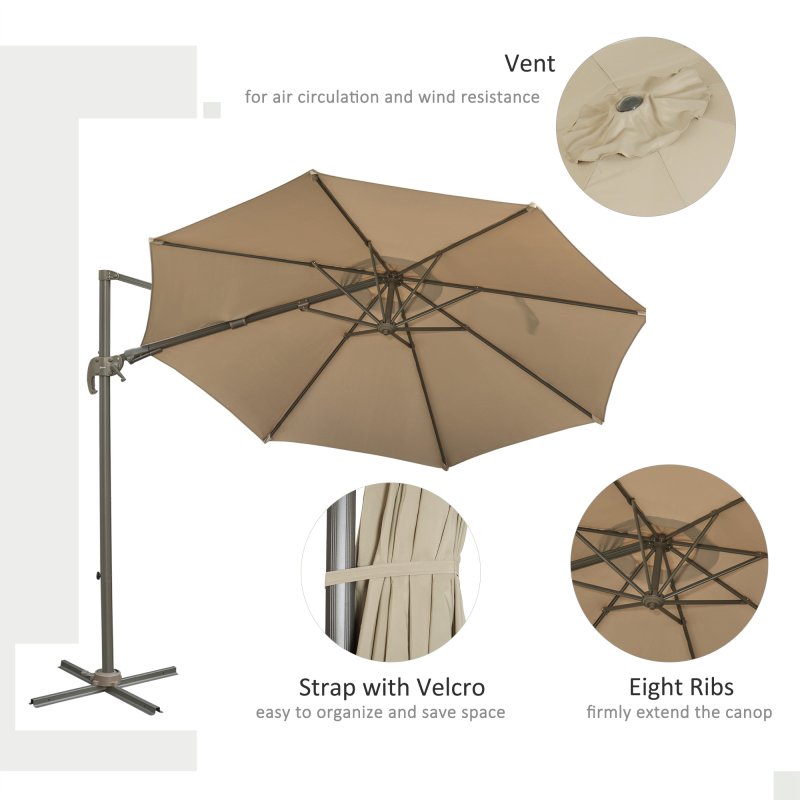 Outsunny 3(m) Cantilever Parasol 360 Rotation Roma Umbrella Hanging Sun Shade with Aluminium Frame, Tilt Crank, 8 Ribs and Cross Base, Khaki