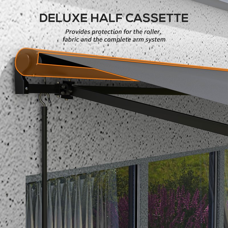 Outsunny 3.5 x 2.5m Electric Awning with Remote Controller, Aluminium Frame Retractable Awning, Half Cassette Sun Canopies for Patio Deck Door Window, Dark Grey