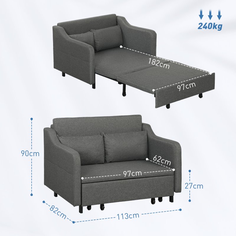 HOMCOM Pull Out Double Sofa Bed, Fabric 2 Seater Sofa Couch with Pillows and Side Pockets, Convertible Sleeper for Living Room, Grey