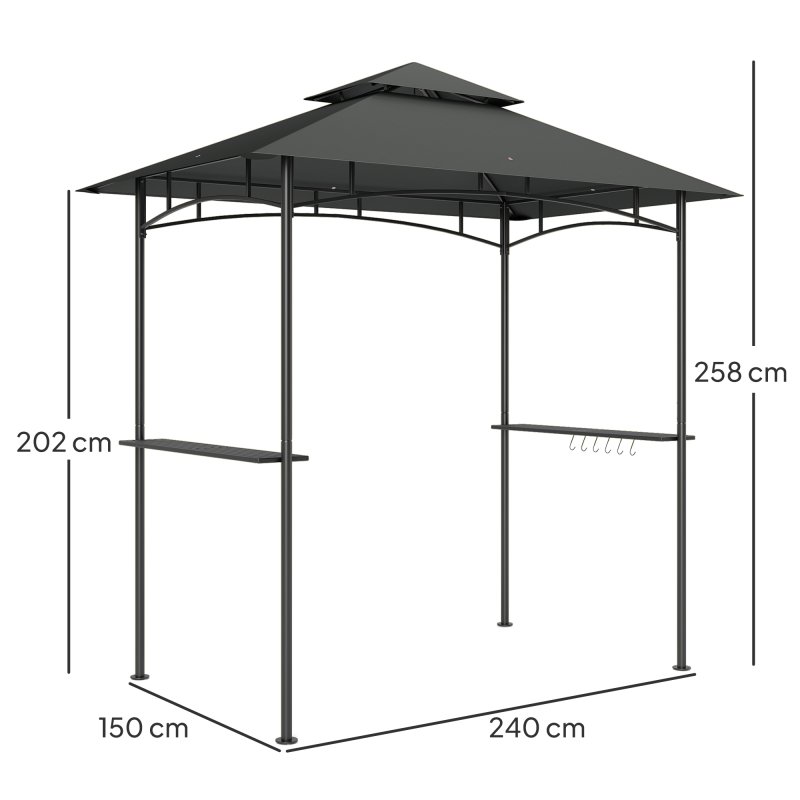 Outsunny 2.4 x 1.5 m (8' x 5') Grill Gazebo Canopy with LED Lights, Double Tiered Outdoor BBQ Gazebo Shelter with 2 Side Shelves, Storage Basket and Hooks for Garden, Barbecue, Picnic, Dark Grey