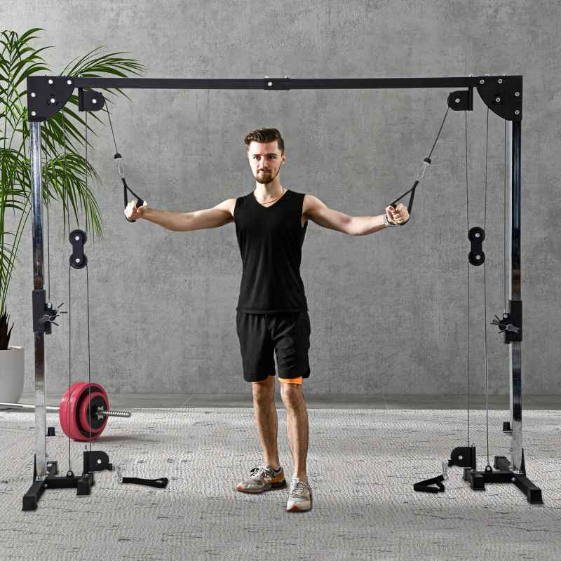 SPORTNOW Multi Home Gyms with Cable Pulley System, Cable Crossover Machine with 4 Handles for Full Body Strength Training, Power Rack for Home Workout, Black