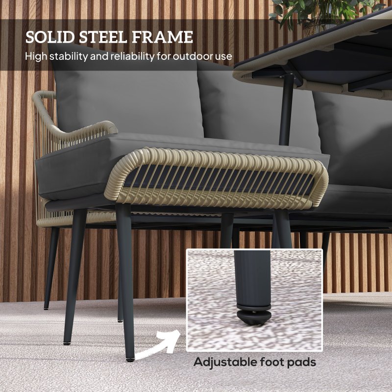Outsunny 6 Pieces Rattan Garden Furniture Set, Garden Corner Sofa with Thickened Cushions, Outdoor Dining Set with Glass Top Dining Table, Loveseats and Footstools for Conservatory, Light Grey