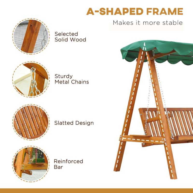 Outsunny 3 Seater Garden Swing Seat with Canopy, Wooden Swing Chair, Outdoor Hammock Bench for Balcony Patio Porch, Green