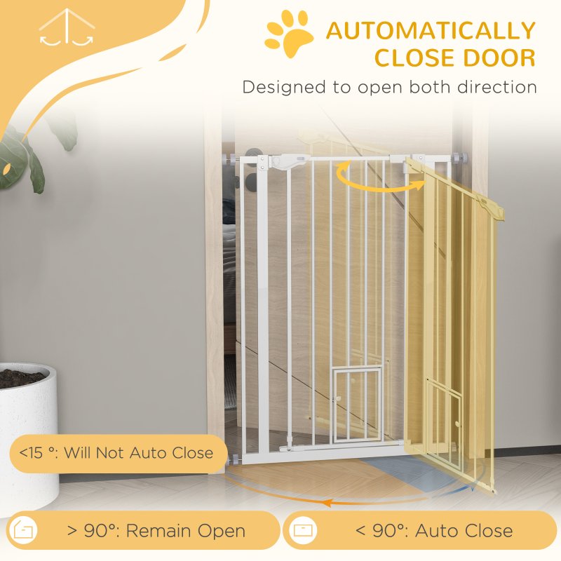 PawHut Extra Tall Dog Gate with Cat Flap, Pet Safety Gate for Doorways Stairs with Auto Close Double Locking, 104 cm Tall 74-80 cm Wide, White