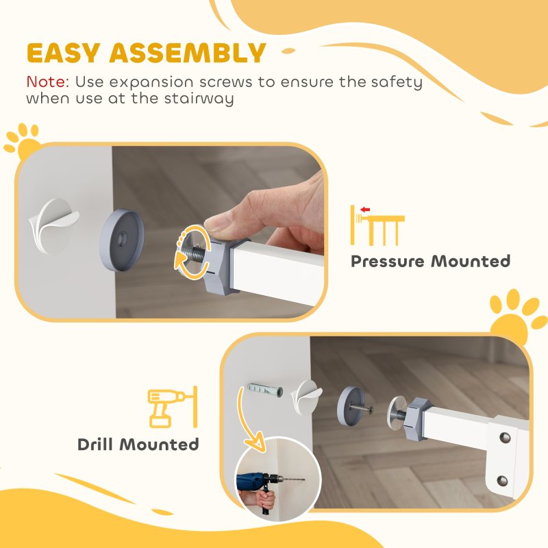 PawHut Dog Gate Stair Gate Pressure Fit Pets Barrier Auto Close for Doorway Hallway, 74-100cm Wide Adjustable, White