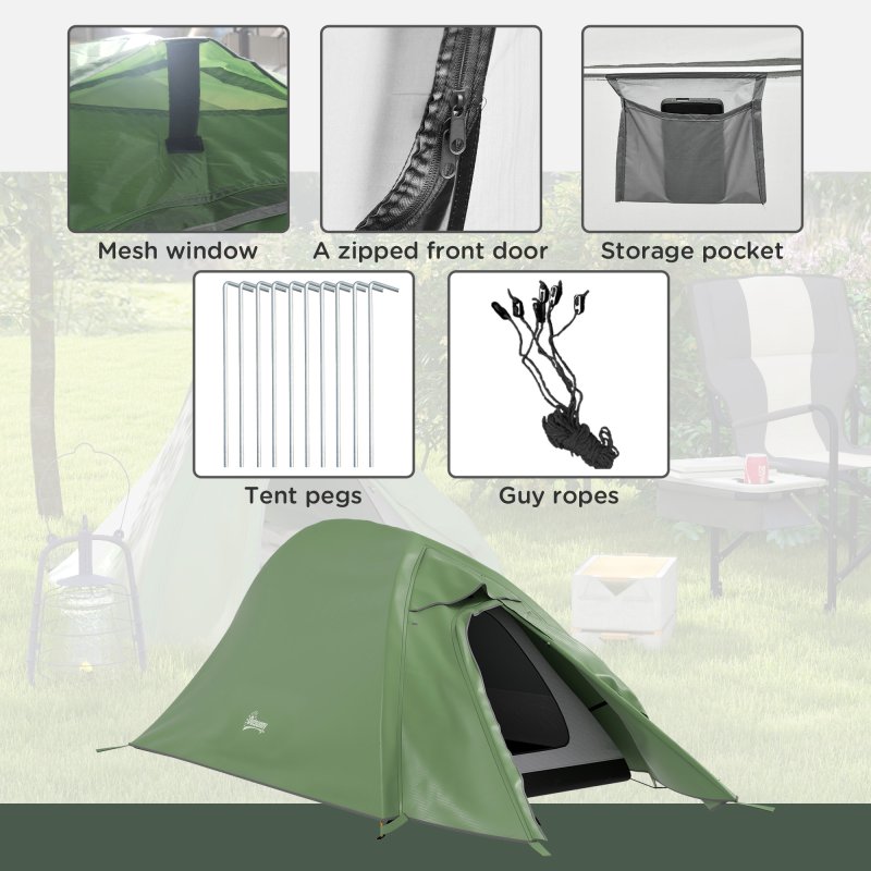 Outsunny 1-2 Man Camping Tent, Double Layer Dome Tent with 2000mm Waterproof Rainfly and Carry Bag, Lightweight for Fishing, Travel, Hiking, Sports, Festival, Green