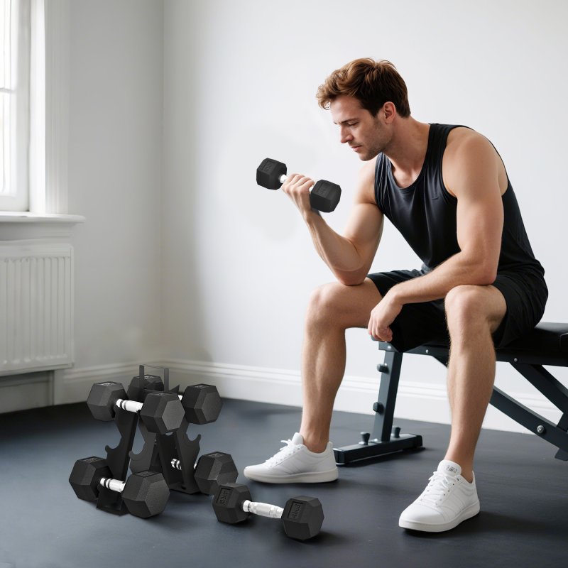 SPORTNOW Hex Dumbbell Set with Weights Storage Rack, Rubber Coated Dumbbells, Non-Slip Chrome Handles, Space-Saving for Home Gym Weight Lifting Strength Training, 2 x 2kg, 2 x 5kg, 2 x 8kg