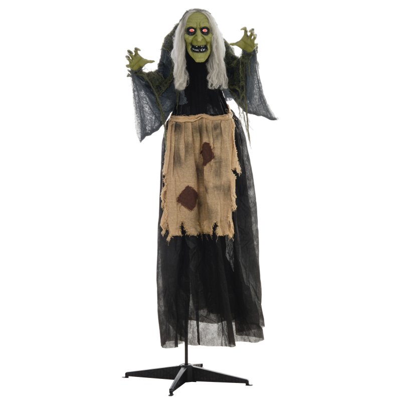 HOMCOM 160cm Witch Outdoor Halloween Decoration, Halloween Animatronic with Sound Activated, Light Up Eyes, Sound Effects, Animated Prop for Haunted House