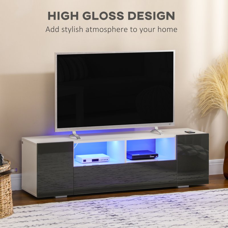 HOMCOM High Gloss TV Unit Cabinet for TVs up to 60" with LED Lights, TV Stand with Storage Shelves and Cupboards